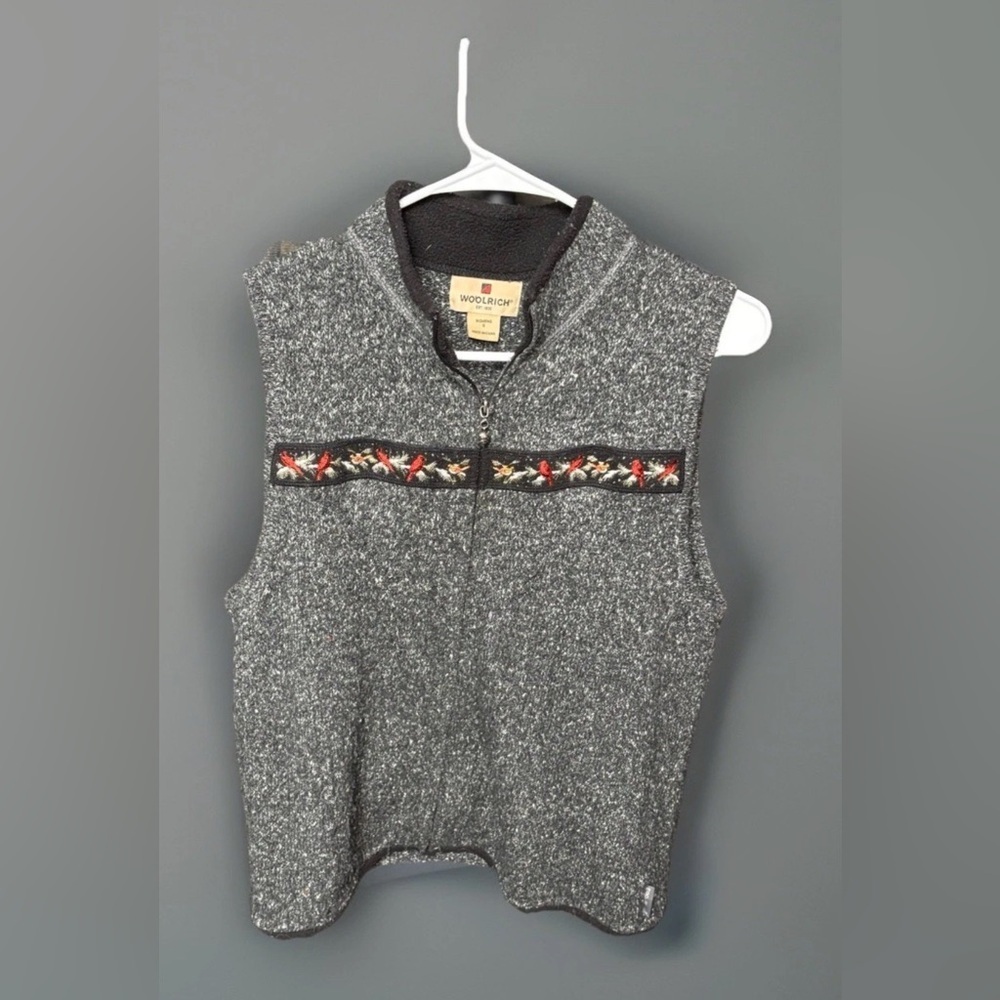 Woolrich Womens Small Charcoal Heather Fleece Vest Bird Cardinal Embroidered Zip